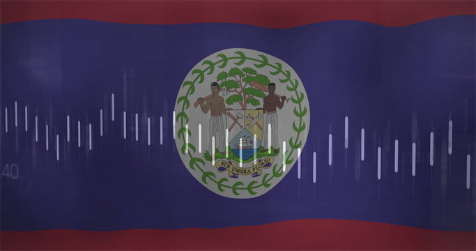 Naklejki Displaying Belize national flag featuring coat of arms on digital display, with vertical audio bars