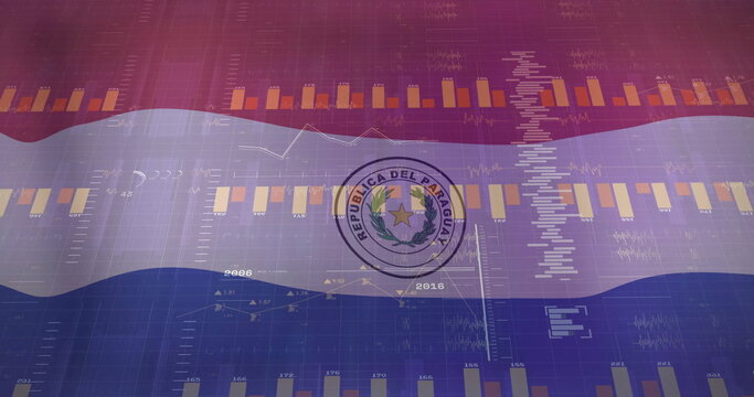 Naklejki Displaying Paraguayan flag stripes with bar charts and line graphs in abstract visuals, with seal