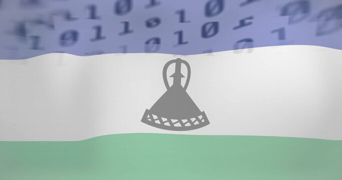 Naklejki Displaying waving Lesotho flag illustration, featuring binary overlay and mokorotlo silhouette