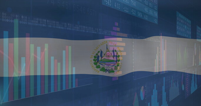 Naklejki Showing El Salvador flag overlay moving in blue grid, with coat-of-arms financial charts and panels