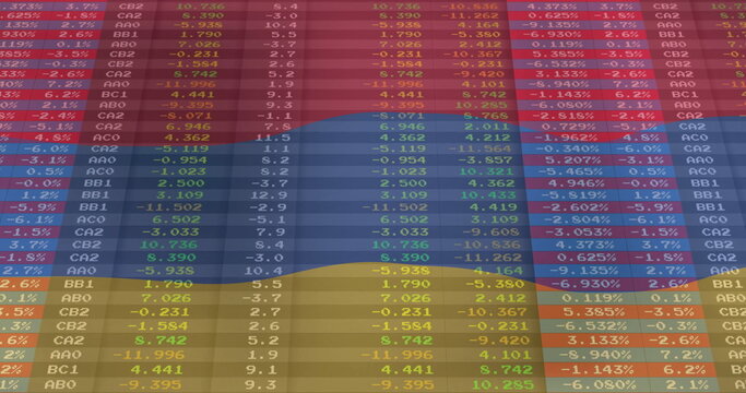 Naklejki Displaying data grid in interface overlaying tricolor flag and showing codes and percent changes
