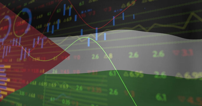 Naklejki Displaying faint Palestinian flag overlaying candlestick bars, line graphs and data on dashboard