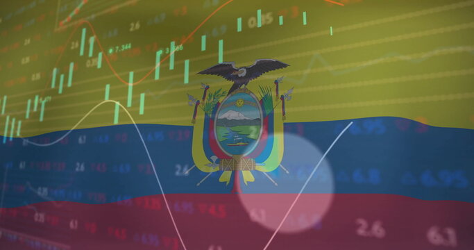 Naklejki Ecuador flag and coat of arms overlaying trading screen, with candlestick and line charts, numbers