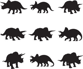 Collection of triceratops dinosaur silhouettes in various poses