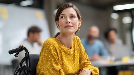 a disabled woman in a power chair leading a team strategy session