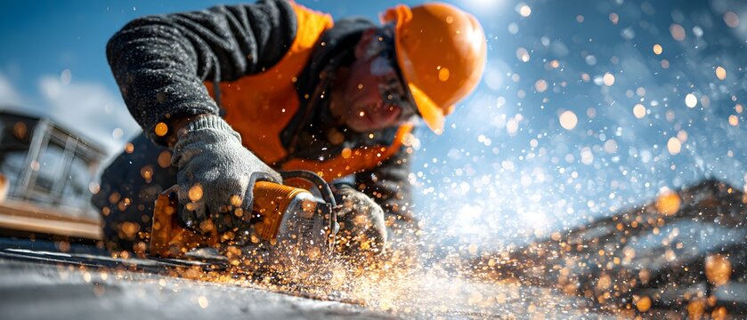 A man in an orange vest is using a power tool to cut a piece of wood