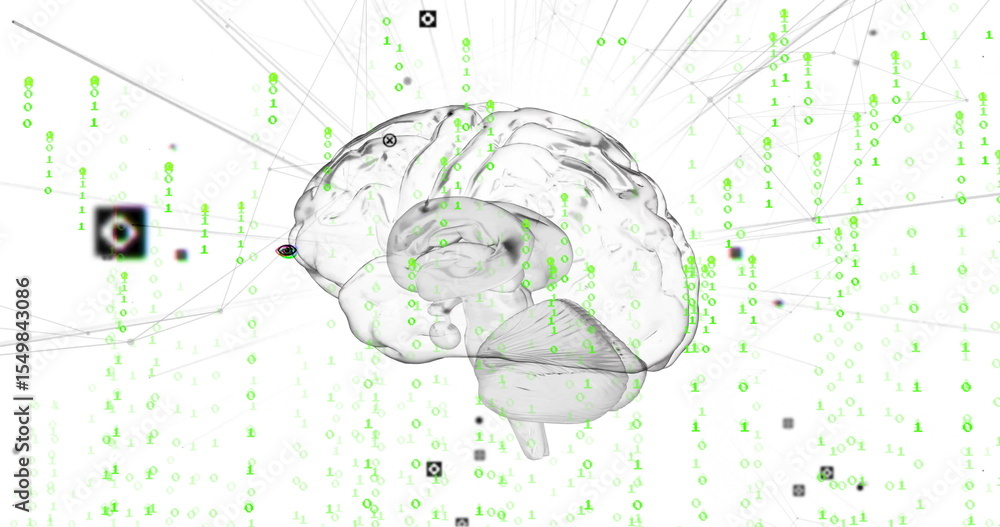 Poster floating translucent brain emitting green binary digits in digital space, with gray nodes and lines