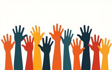 Stylized vintage poster with an array of colorful hands raised on a stark white background, emphasizing themes of unity and diversity in a retro design. High quality