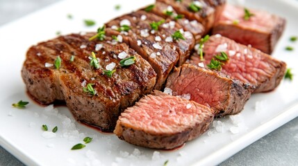 Deliciously cooked steak, perfectly seared, garnished with herbs and salt, served on a white plate.