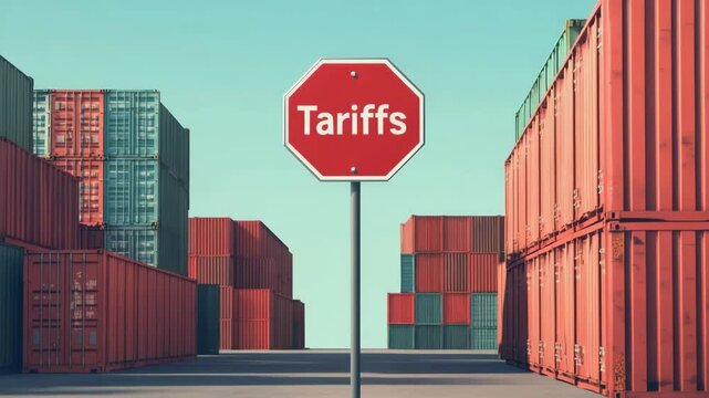 Stop sign warns of tariffs amidst shipping containers in industrial port setting