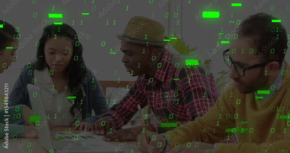 Poster collaborating colleagues pointing at printed documents and laptop in meeting room, binary overlay
