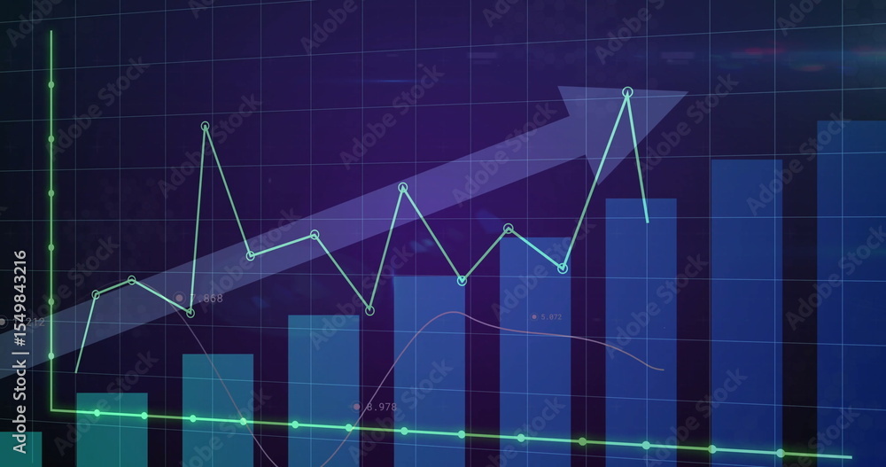 Poster displaying translucent arrow spanning dashboard grid, linking blue bars with turquoise-green charts