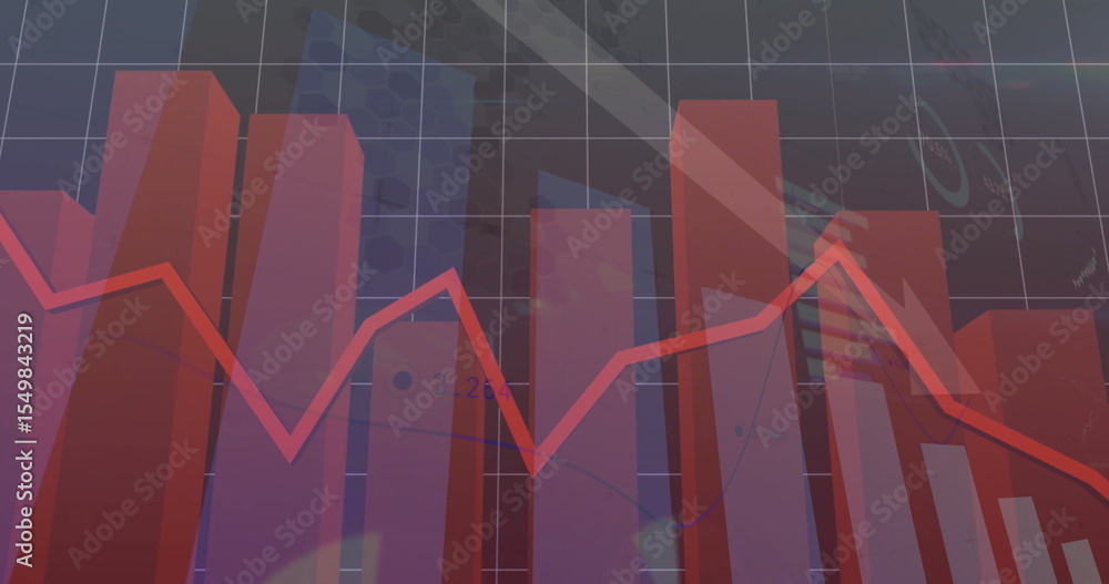 Poster featuring three-dimensional red bars on dark grey grid with flag, red line graph, numerical labels
