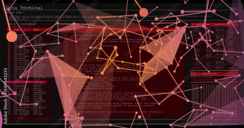 Poster displaying digital code panels and network nodes at virtual terminal, with encryption data listings
