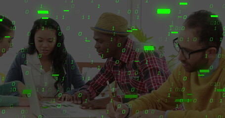 Collaborating colleagues pointing at printed documents and laptop in meeting room, binary overlay