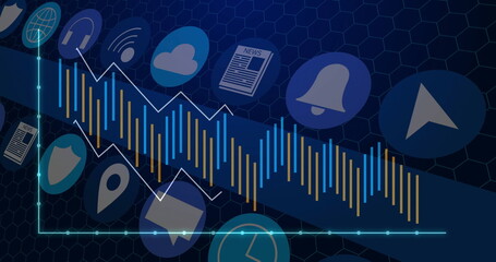 Displaying diagonal bar chart running across virtual dashboard, with trend line and service icons