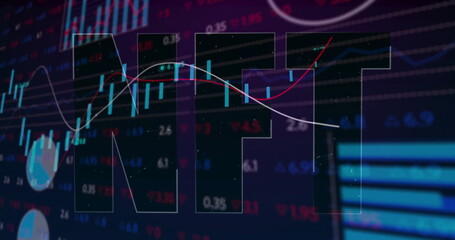 Obraz premium Showing NFT letters revealing data on trading screen with candlesticks graphs gauge and bar chart
