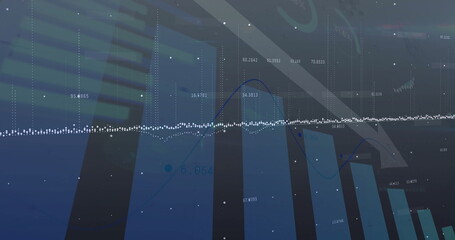 Displaying analytics UI with blue bars, waveform, line graph, labels, light streaks and grid lines