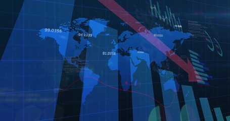 Displaying world map trending down on data analytics dashboard with vertical bar charts, red arrow