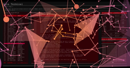 Displaying digital code panels and network nodes at virtual terminal, with encryption data listings