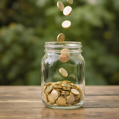 Golden Coins Falling into Transparent Glass Jar on Table