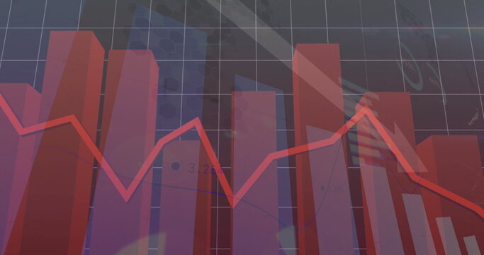 Naklejki Featuring three-dimensional red bars on dark grey grid with flag, red line graph, numerical labels
