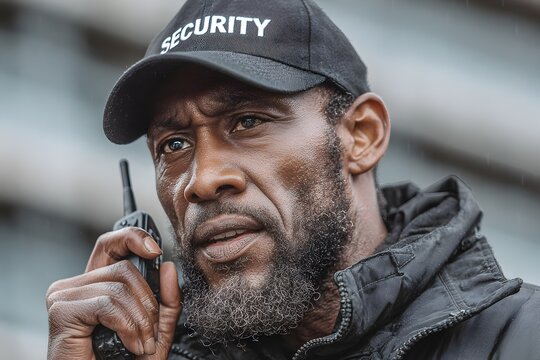 A man wearing a black hat and a security vest is talking on a cell phone
