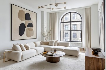 Modern New York City townhouse living room with white walls, dark trim, brass accents, mid-century sofa, round table, minimalist style