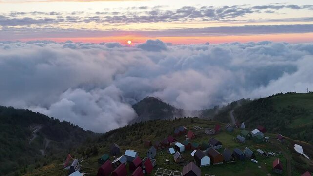 Cloud Inversion at Sunset Over Mountain Village in Gomismta, Georgia &ndash; Aerial Panorama