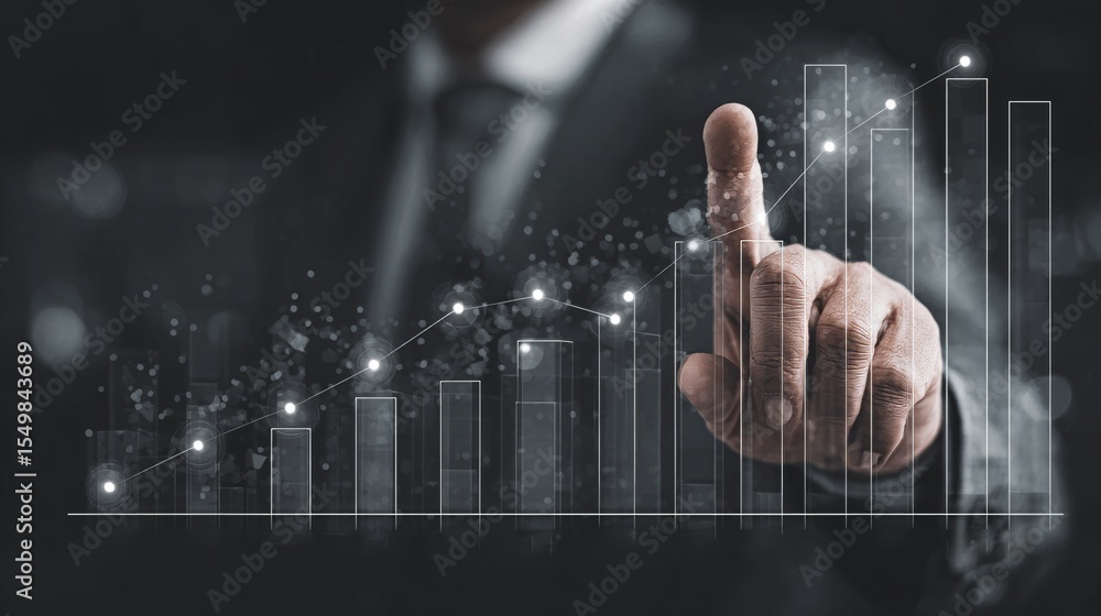 Poster business people using tablets and using his finger to touch the screen with a business graph showing