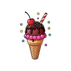 Tasty Ice Cream Cone with Chocolate Drizzle, Cherry, and Colorful Candies - Vector Illustration