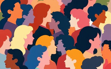 Colorful, diverse crowd illustration with stylized faces and vibrant hair colors. Ideal for community, diversity, and social themes. High quality