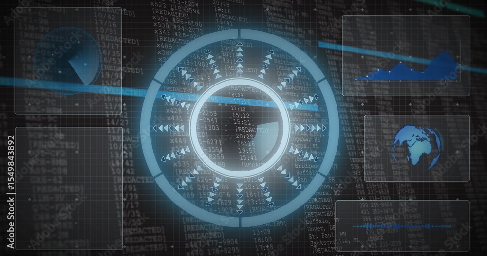 Poster displaying central circular hud display over control panel, with data streaks and arrow indicators
