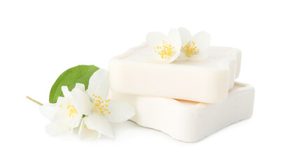 Soap bars and jasmine flowers isolated on white