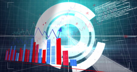 Fototapeta premium Showing data visualization running on grid panel, with red blue bar charts, arrow plot, HUD circles