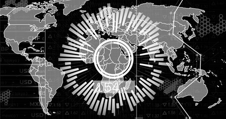 Central radial bar chart projecting African finance data over world map on screen, with arrow lines