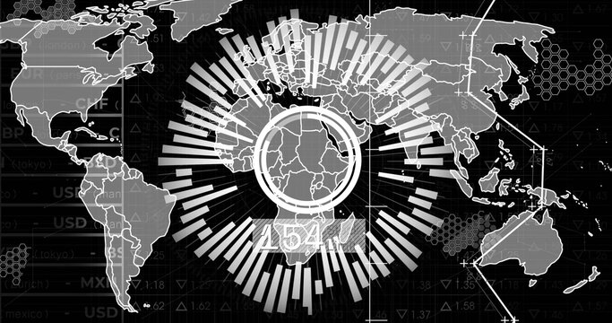 Central radial bar chart projecting African finance data over world map on screen, with arrow lines