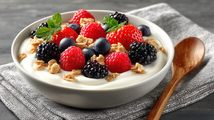 Fresh yogurt bowl topped with vibrant berries and granola, showcasing natural dairy products on a rustic table, emphasizing healthy eating and farm-fresh ingredients