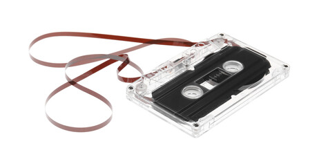 One audio cassette with magnetic tape isolated on white
