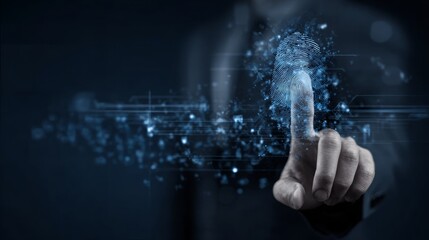 Fingerprint indentification to access personal. Biometrics security, E-kyc, innovation technology concept.