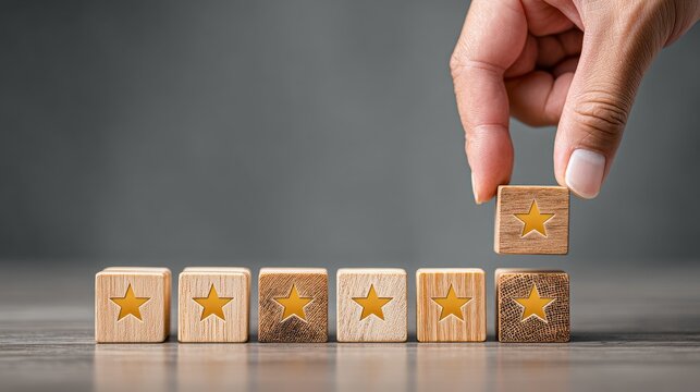 feedback rating and positive customer review experience, service and Satisfaction, Business people are Choosing wood block with 5 star icon to give satisfaction in service. rating very impressed