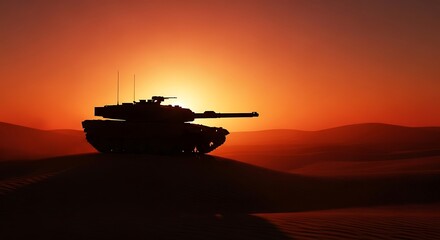 A modern main battle tank silhouette on a desert sand dune against a dramatic orange sunset, an atmospheric scene representing military conflict, power, and modern warfare.