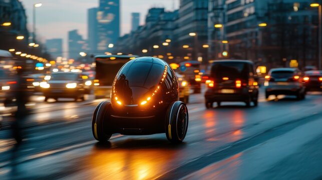 A futuristic autonomous vehicle navigating through a bustling city street at dusk, exemplifying cutting-edge technology and the evolution of urban transportation in modern society.
