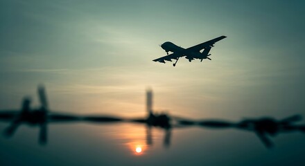 Atmospheric silhouette of a military combat drone or UCAV landing at sunset over a blurred barbed wire fence, symbolizing modern warfare, surveillance, and border security.