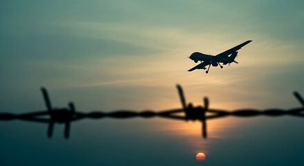 Cinematic silhouette of a military UAV drone on a reconnaissance mission over a barbed wire border at sunset, a concept for modern warfare, surveillance, and conflict.