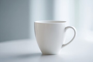 Obraz premium close-up image of white ceramic coffee cup on smooth minimalistic tabletop with soft even lighting gently illuminating