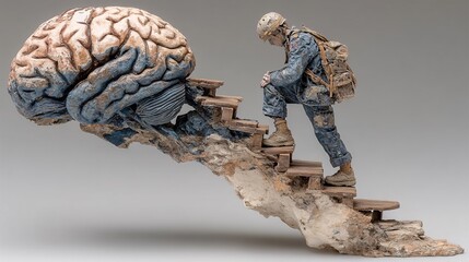 Soldier Climbing Stairs to Brain Concept Representing Mental Health Growth