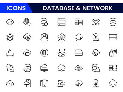 Sleek vector web line icons depicting database, network, server management, data storage, connectivity, and efficient digital infrastructure solutions.