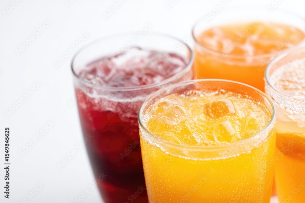 Poster close-up shot of assortment of drinks each with inviting colors and distinctive textures isolated on