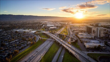 Fototapeta premium Scenic Sunset Over Cityscape and Highway Network at Dusk